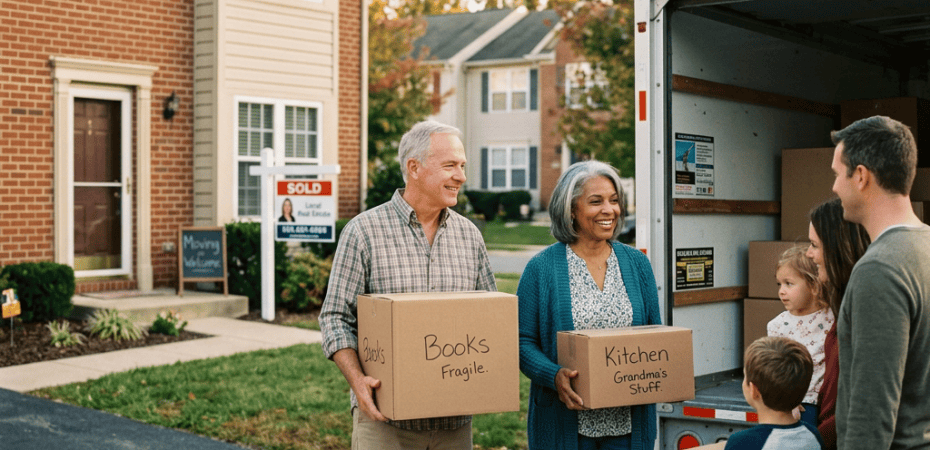Older couple and younger family loading labeled moving boxes into truck