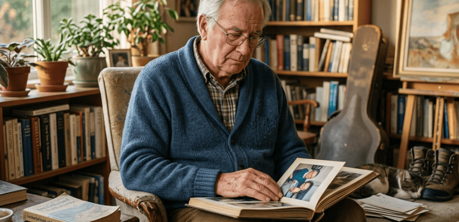 Elderly man sitting in armchair, looking at photos in a photo album