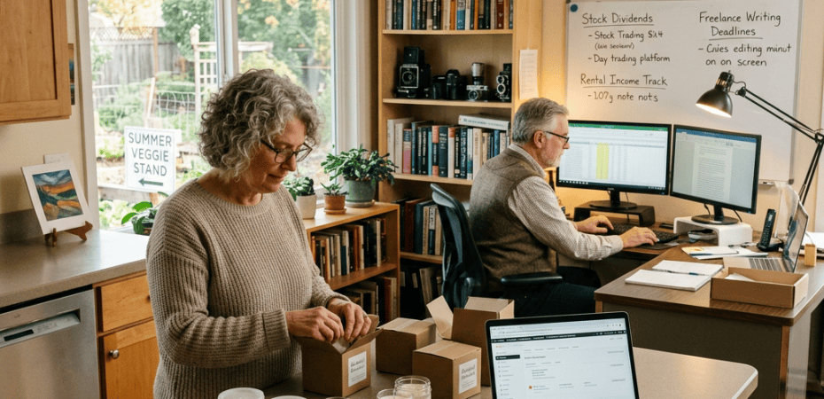 Couple working on packaging candles and financial tasks in home office kitchen